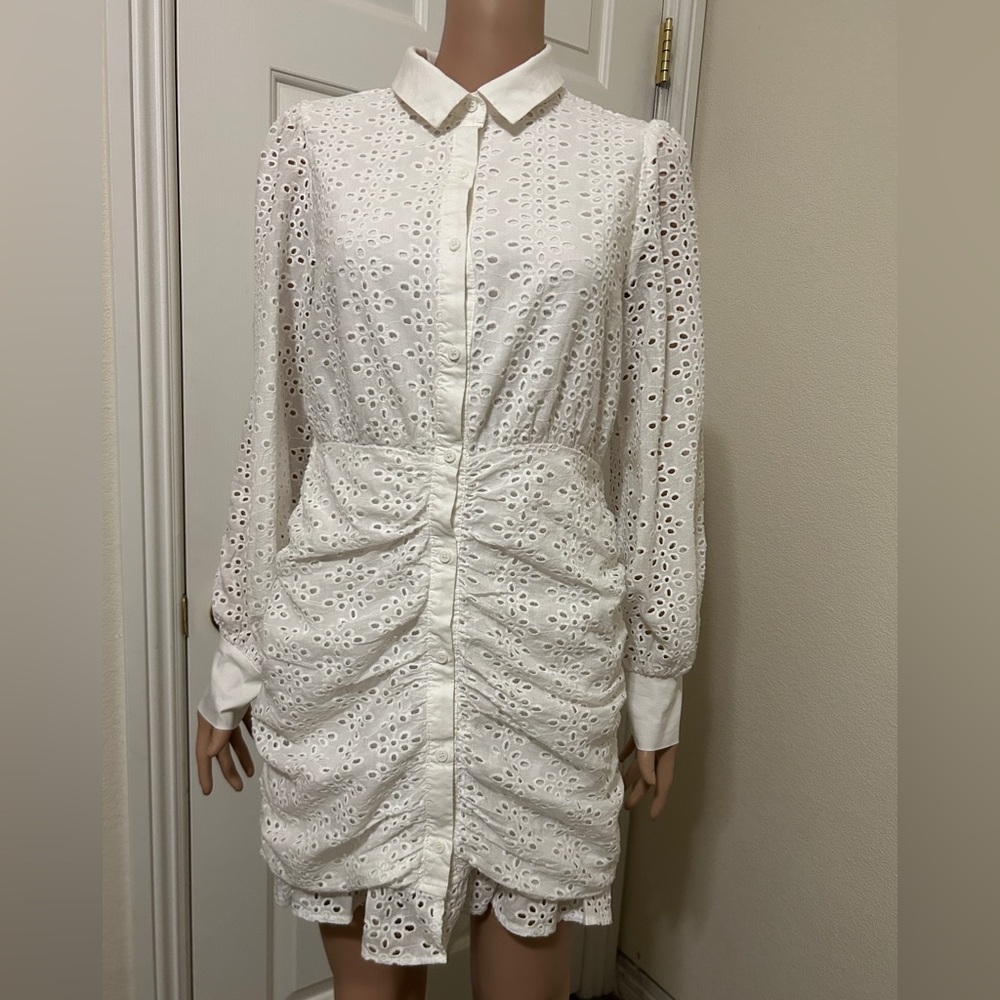 Fashion Nova White Eyelet Ruffled Button-Up Shirt Dress, Women’s Size L.